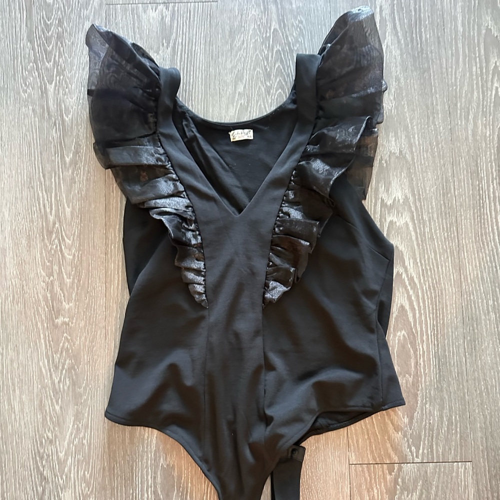 Free People Black Ruffled Bodysuit